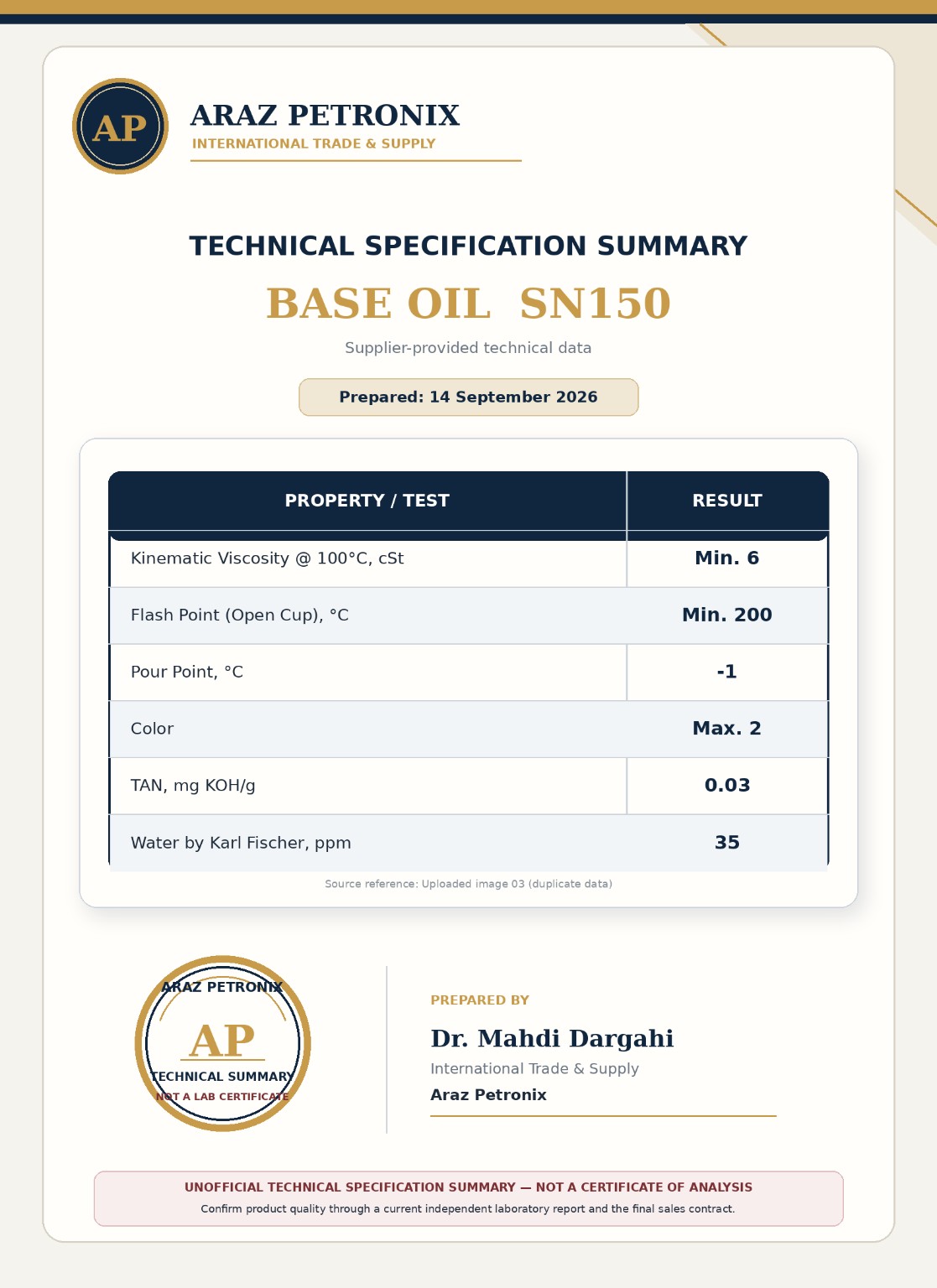 SN150 — Original supplier technical document