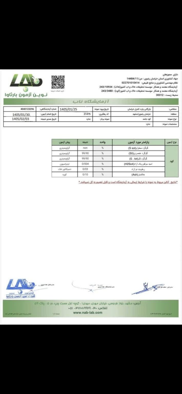 Original supplier laboratory report